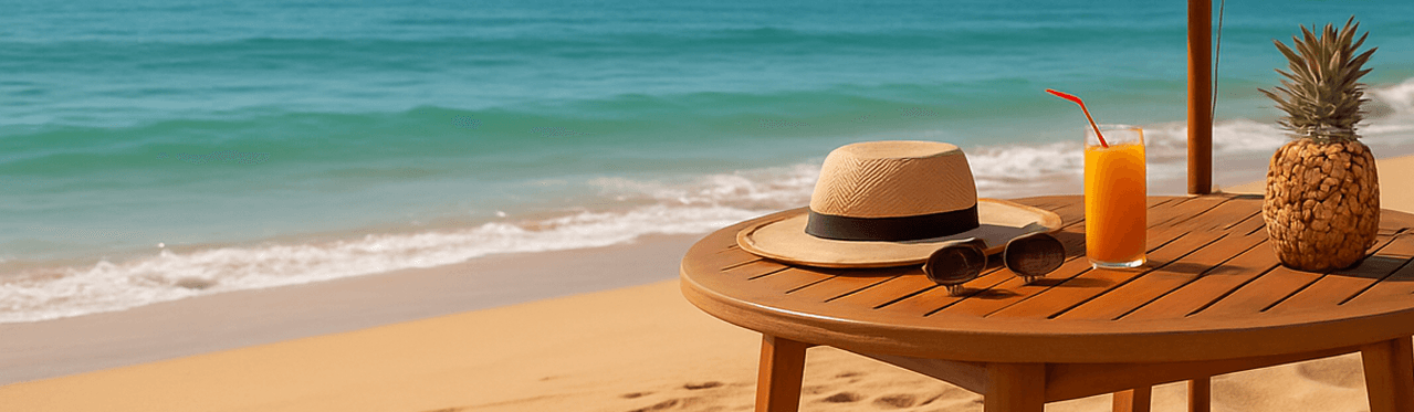 Summer collection - beach scene with hat, sunglasses, drink and pineapple